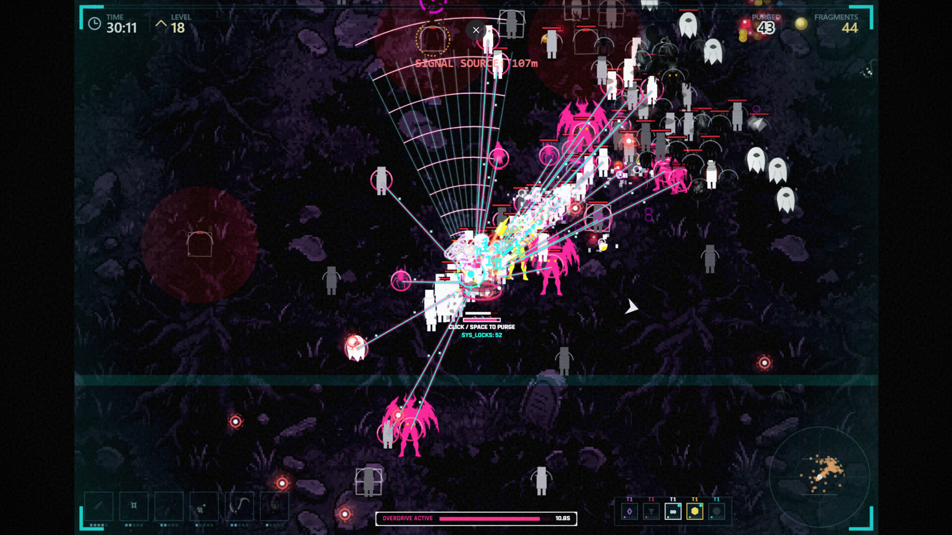 Hollow Signal gameplay: a cyan directional firing arc sweeping into a swarm of pink enemies