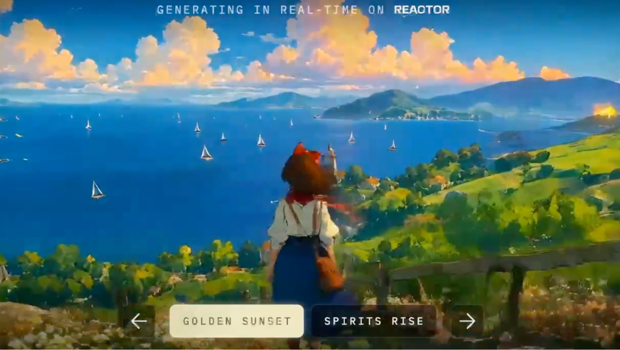 A painterly seaside landscape generating in real time on Reactor inside a Rosebud game