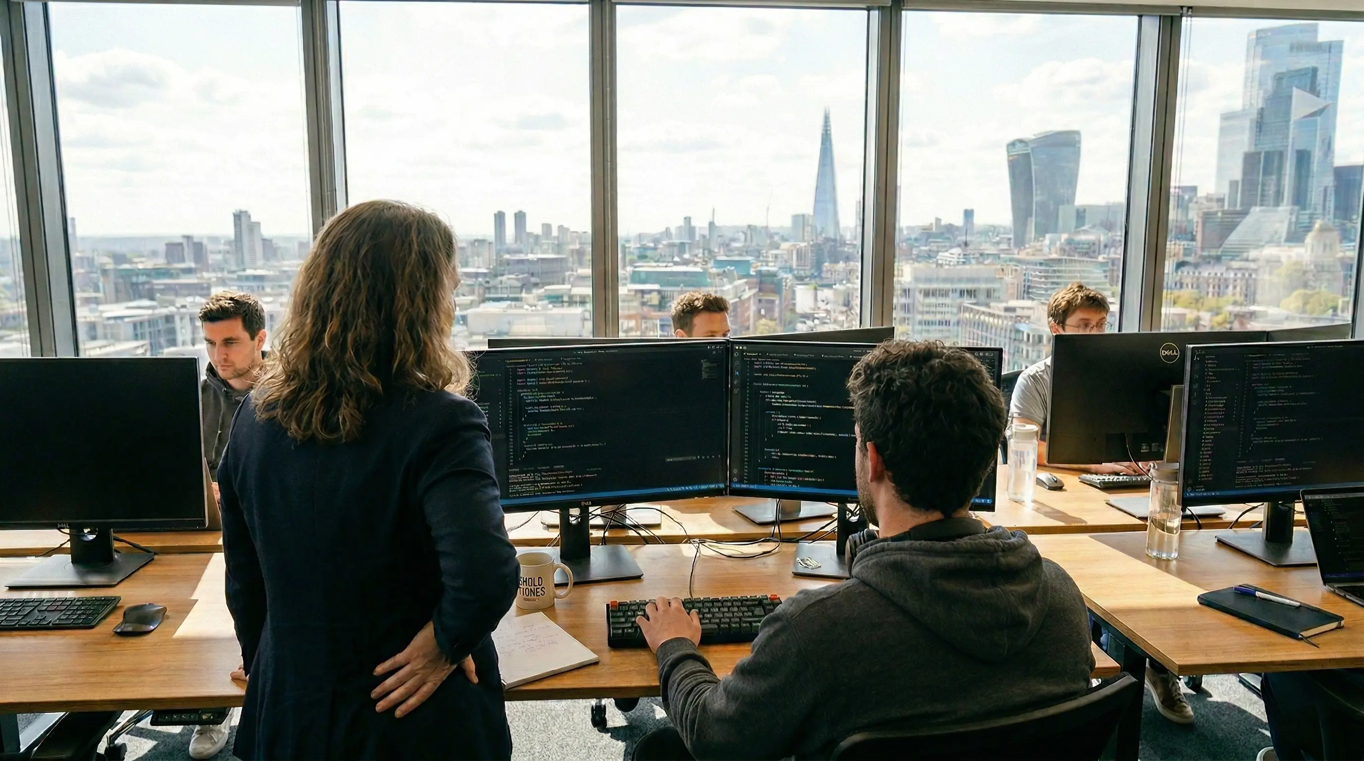 A new hire - full stack developer - working on React and Node.js code while discussing project velocity with a startup founder in a modern office.