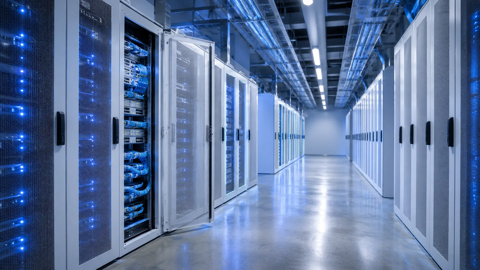 Modern cloud server infrastructure corridor with blue LED status lights and real-time monitoring dashboard, representing successful legacy system modernization.