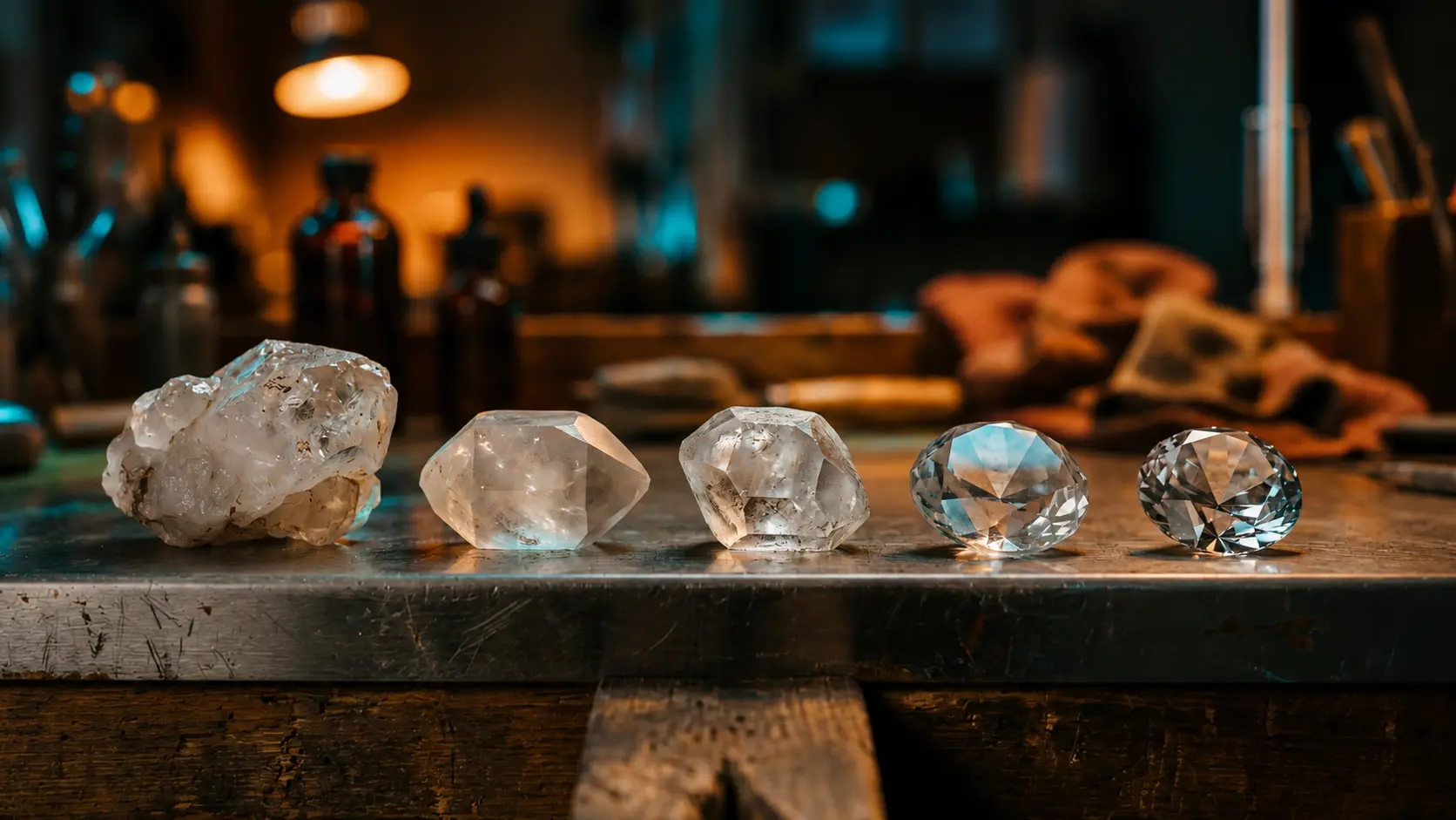 A row of five crystals on a metallic workbench progressing from a raw, unpolished rough stone to a perfectly cut and faceted diamond, serving as a visual metaphor for the iterative stages of a startup mvp mindset.