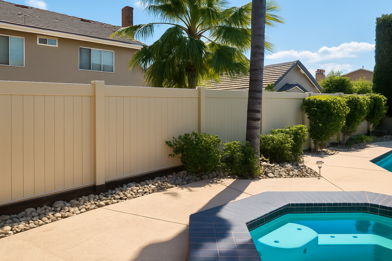 Backyard with beige privacy fence next to a pool and trim hedges under a clear blue sky.