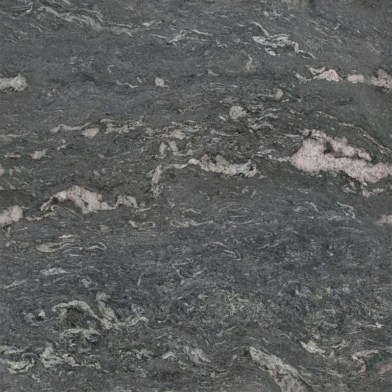 Dark granite surface with swirling gray, black, and pinkish tones in a natural, textured pattern.