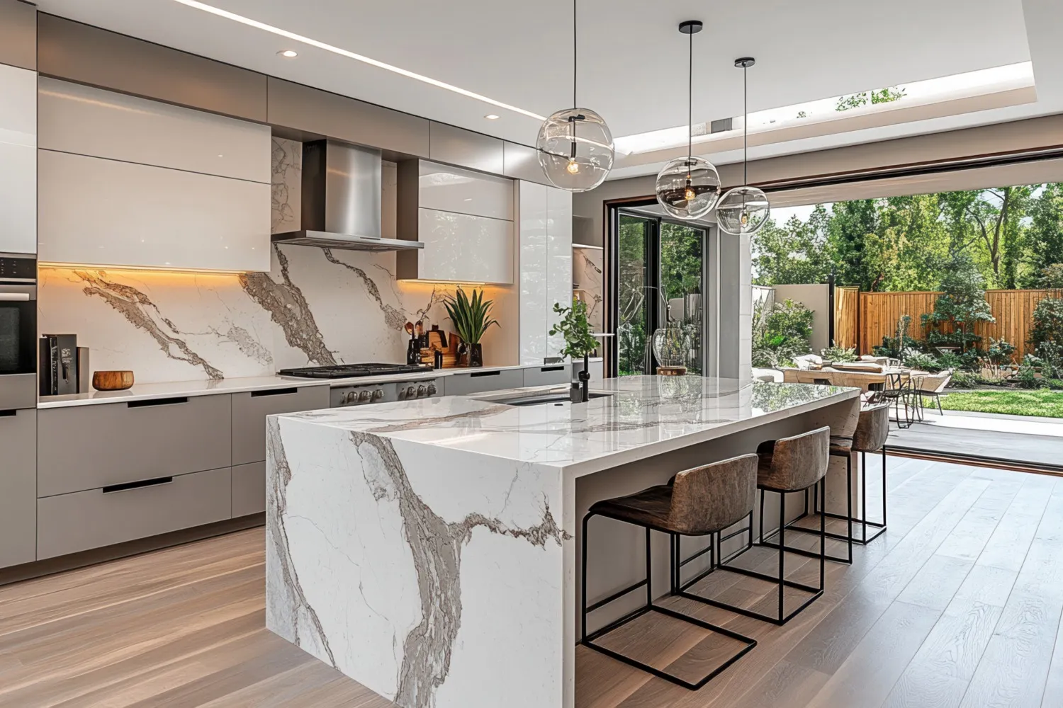Contemporary kitchen featuring a glossy dark gray speckled island countertop and built-in stainless steel appliances.