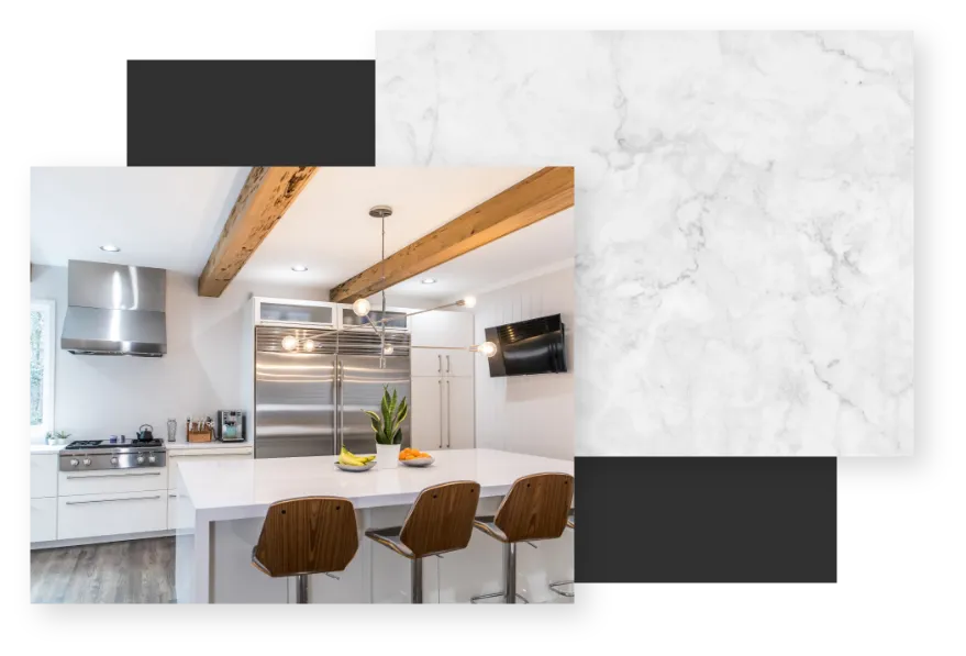 Modern kitchen with wood beam ceiling accents, white marble countertop island, stainless steel appliances, and three wooden bar stools at the island.