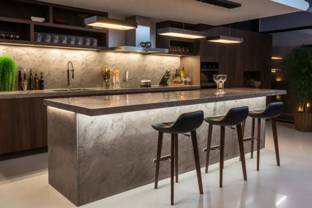 Modern kitchen with a large granite island, three black bar stools, under-counter lighting, and wood cabinetry.