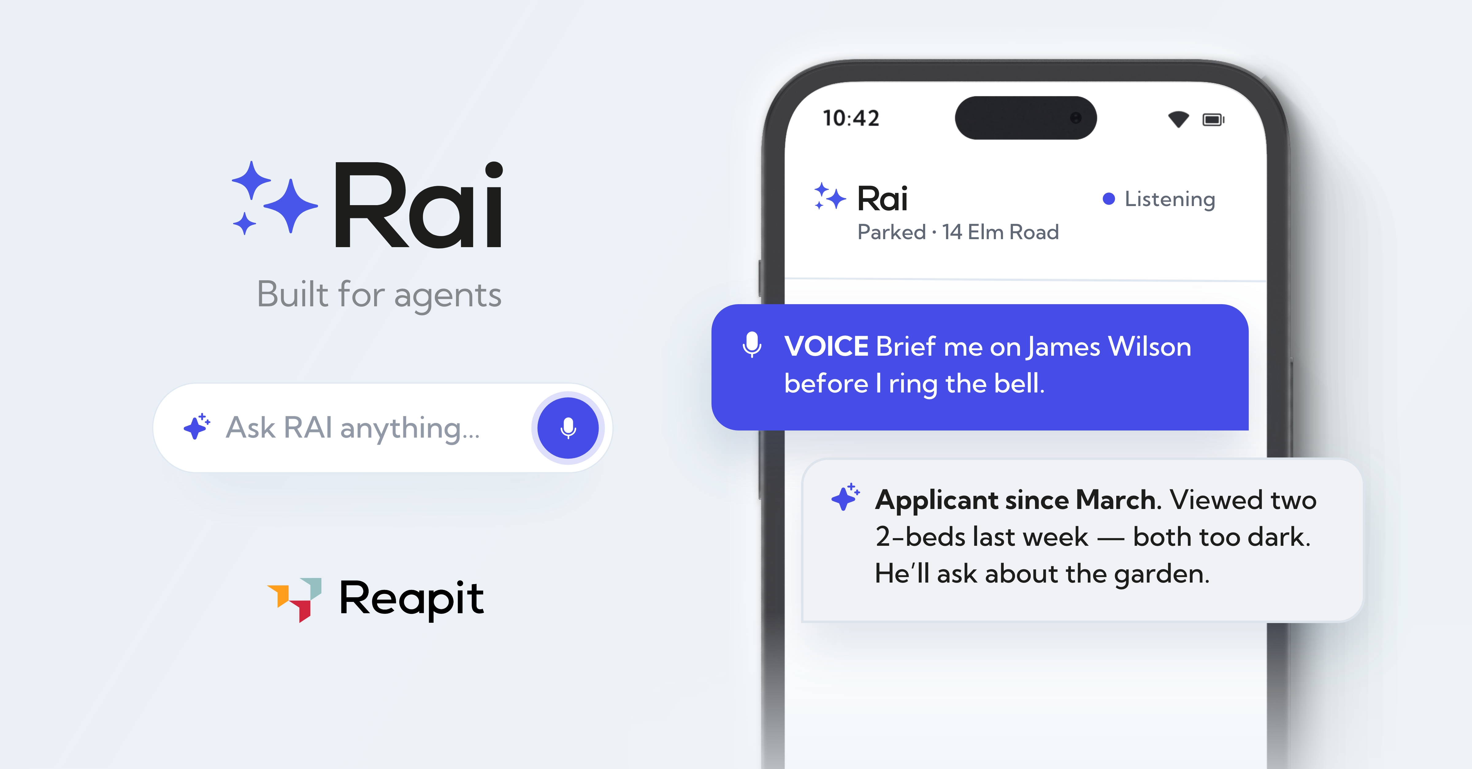 Reapit AI in action, with an estate agent talking to Rai asking for a briefing on a buyer.