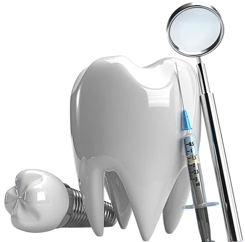 A large, shiny white tooth model with a dental mirror behind it and a syringe with a blue needle beside it, next to a dental implant crown lying on its side.