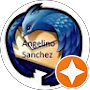 A circular blue bird cartoon with a yellow beak and black eye, featuring the name Angelino Sanchez written on its side, and an orange star icon overlapping the lower right edge.