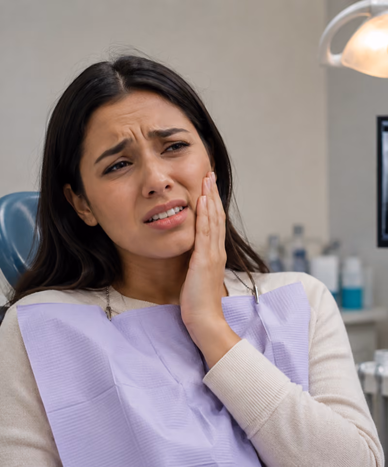 Woman with long dark hair in a dental chair wearing a white sweater and a purple dental bib, holding her cheek with a painful expression in a dental office.