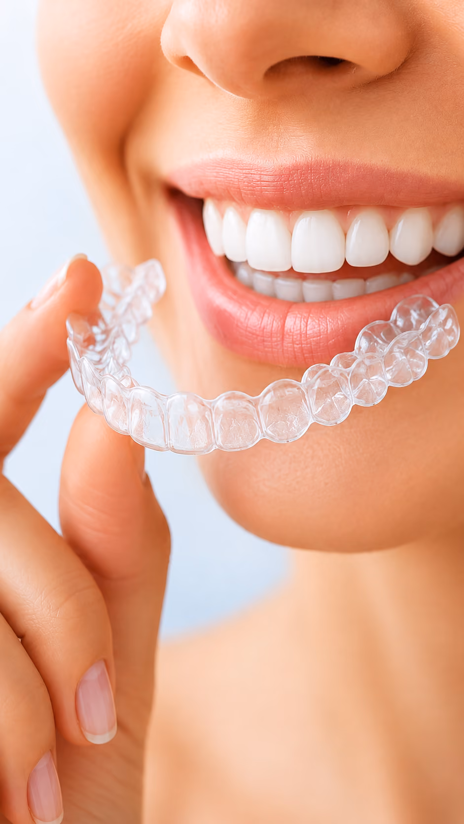 Close-up of a person smiling with white teeth while holding a clear dental aligner near their mouth.