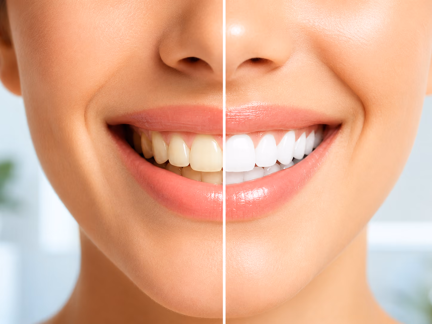 Close-up of a smiling woman's mouth showing a comparison of teeth whitening: left side with yellowish teeth, right side with bright white teeth.