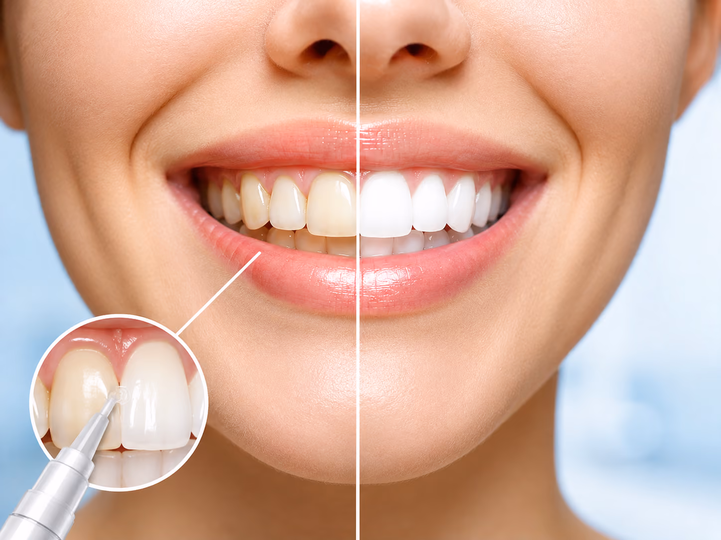 Close-up of a smiling mouth showing a split view of teeth before and after whitening: the left side has yellowish teeth while the right side has bright white teeth; a circular inset shows a whitening pen being applied to the teeth.