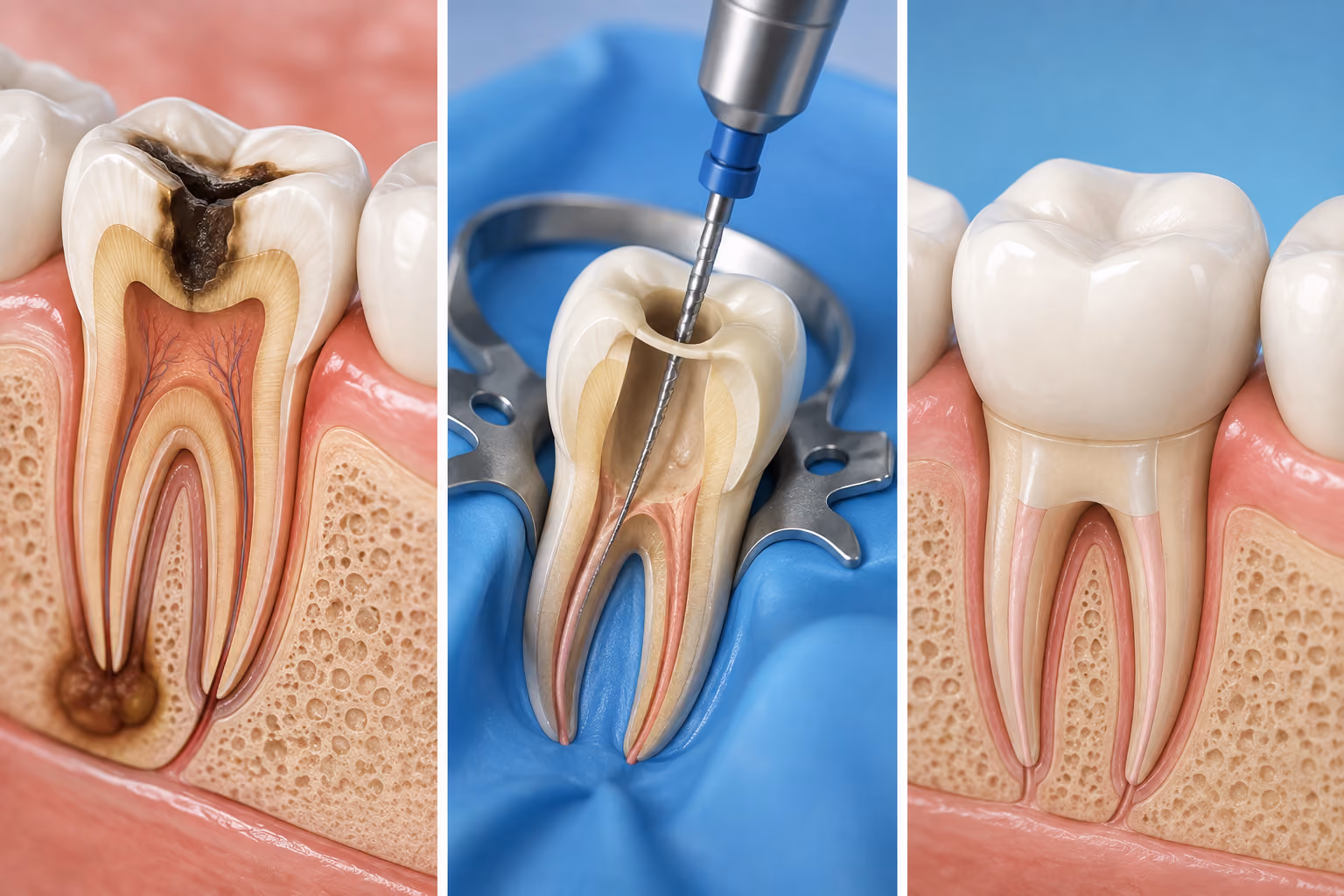 Three-panel dental illustration showing root canal treatment stages: left panel shows a tooth with decay reaching the pulp, middle panel depicts a dental file cleaning the root canal inside a tooth with a blue dental dam, right panel shows the treated tooth sealed and restored.