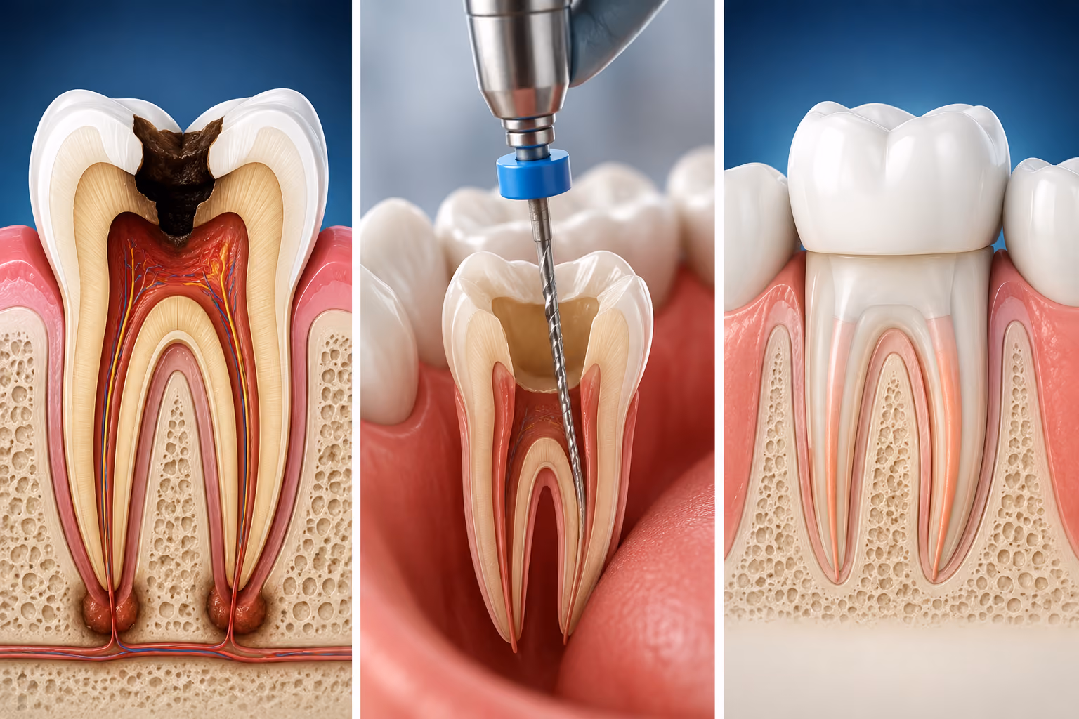 Triptych showing stages of a root canal procedure: left panel depicts a cross-section of a tooth with extensive decay reaching the pulp; middle panel shows a dental drill cleaning the canal inside the tooth; right panel illustrates the tooth restored with a white crown after the procedure.