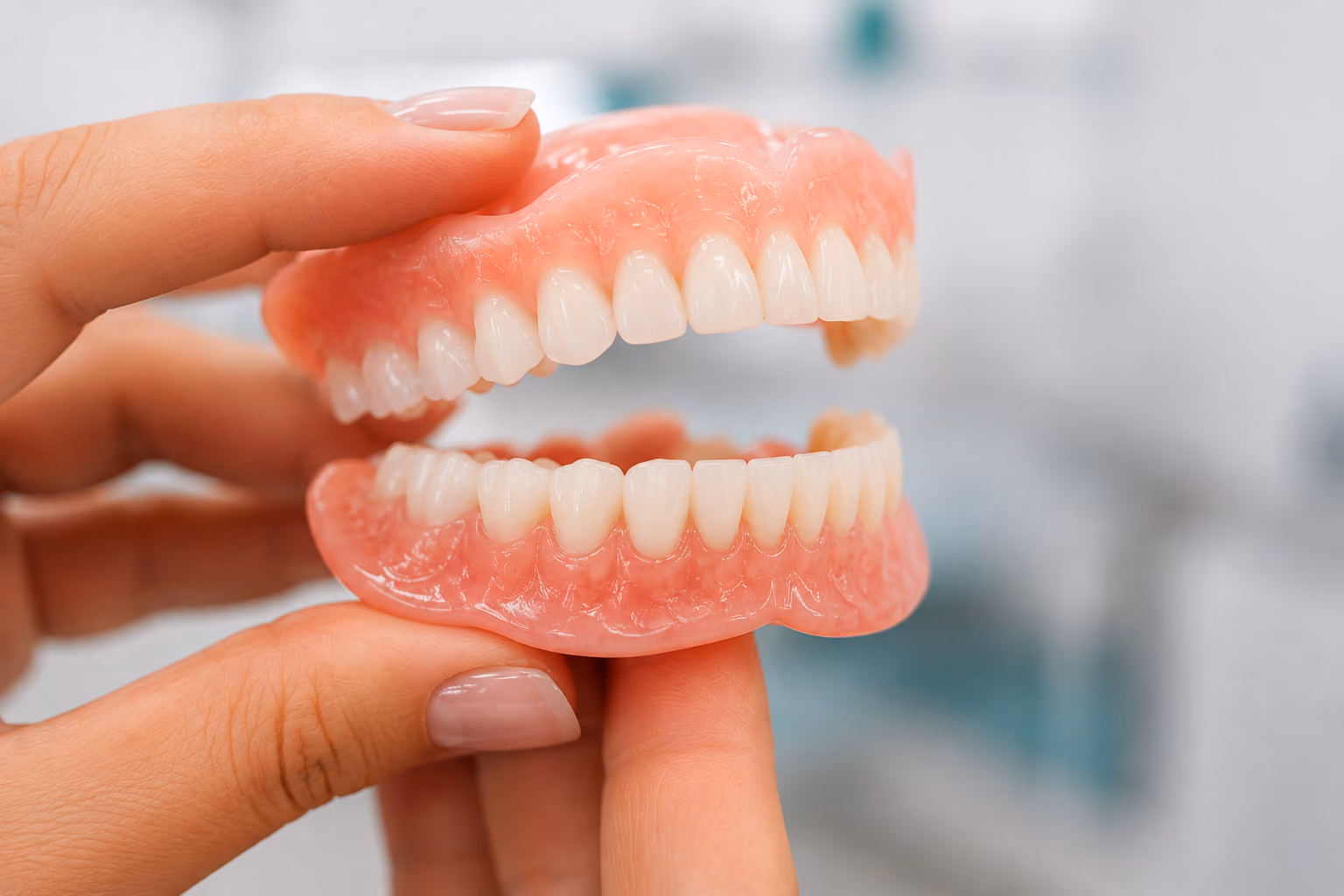 Close-up of a person's hands holding a full set of upper and lower dentures with pink gums and white teeth in a blurred dental office background.