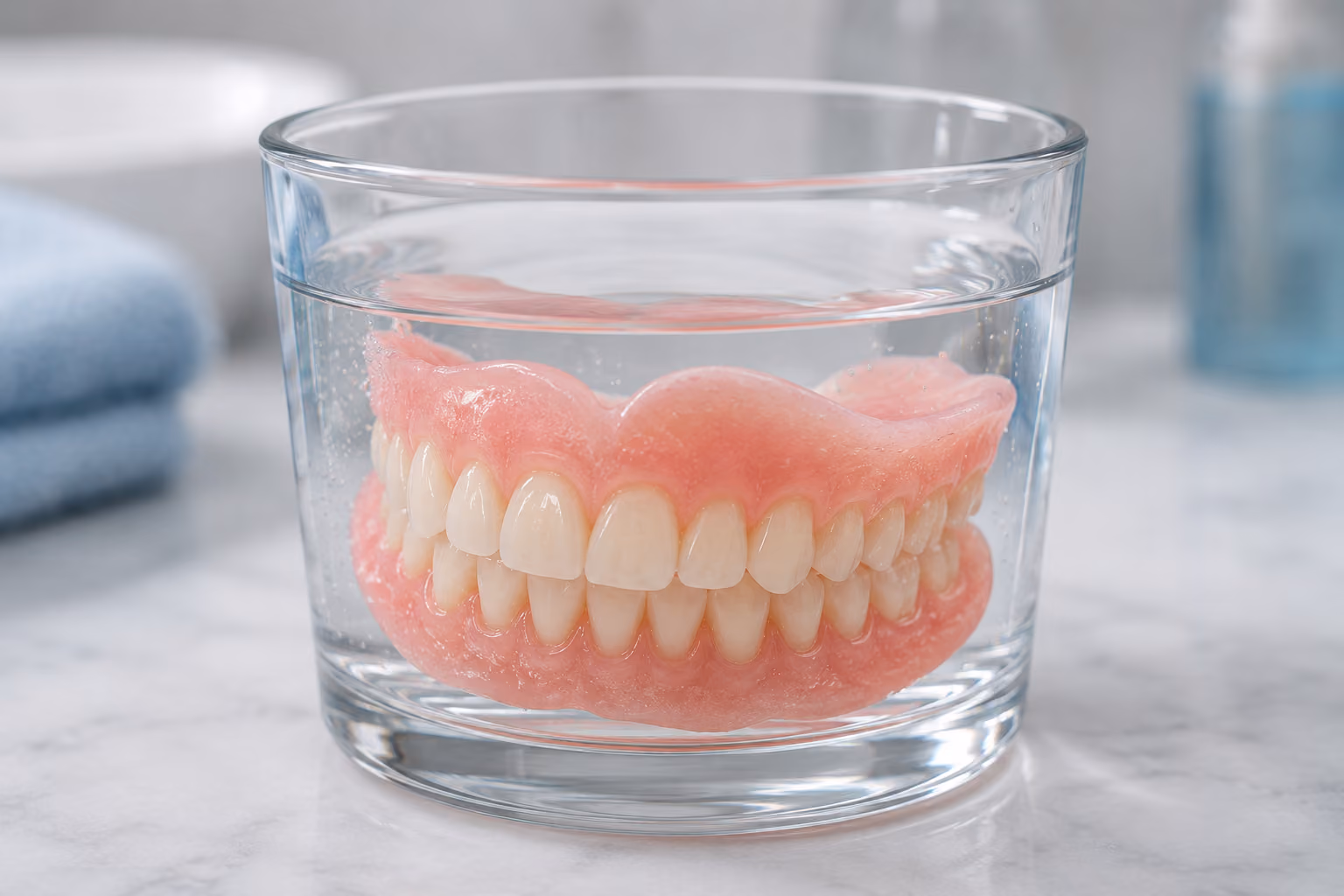 A set of upper and lower dentures immersed in a clear glass filled with water, placed on a marble surface with a blurred towel in the background.