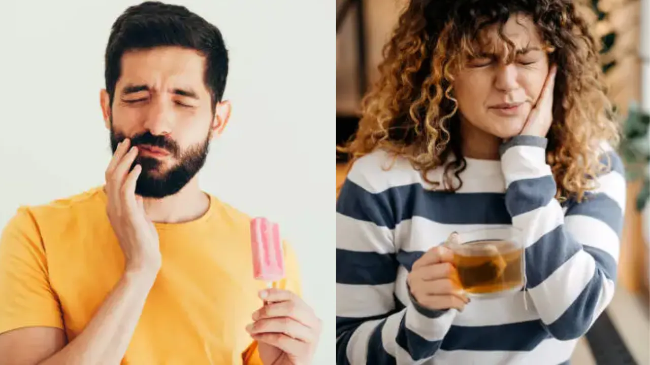 A man and a woman wincing with tooth sensitivity to cold and hot drinks