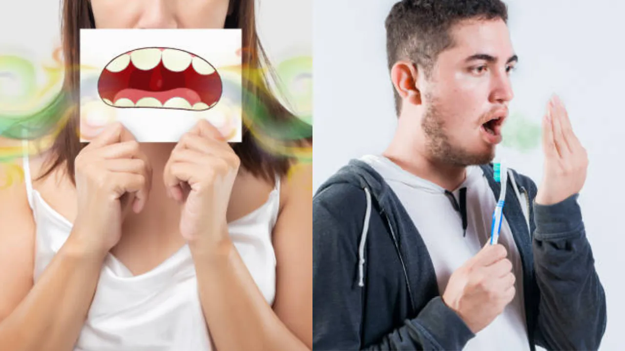 A woman holding up a cartoon of an open mouth and a man covering his mouth, illustrating bad breath