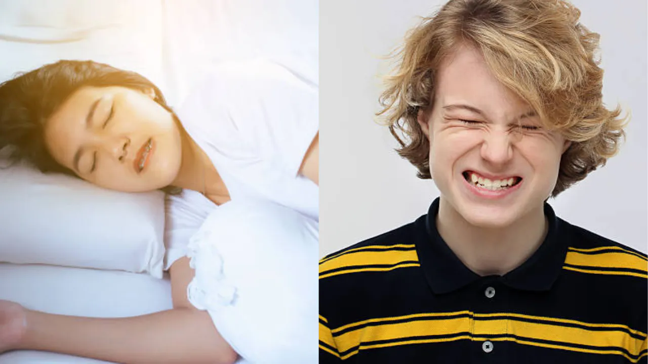 A sleeping woman and a teenager clenching their teeth, showing signs of teeth grinding