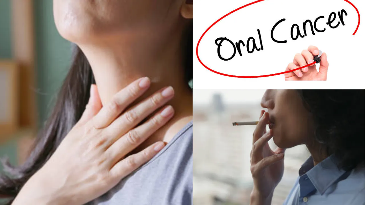 Illustration linking smoking to oral cancer, with a hand examining the neck
