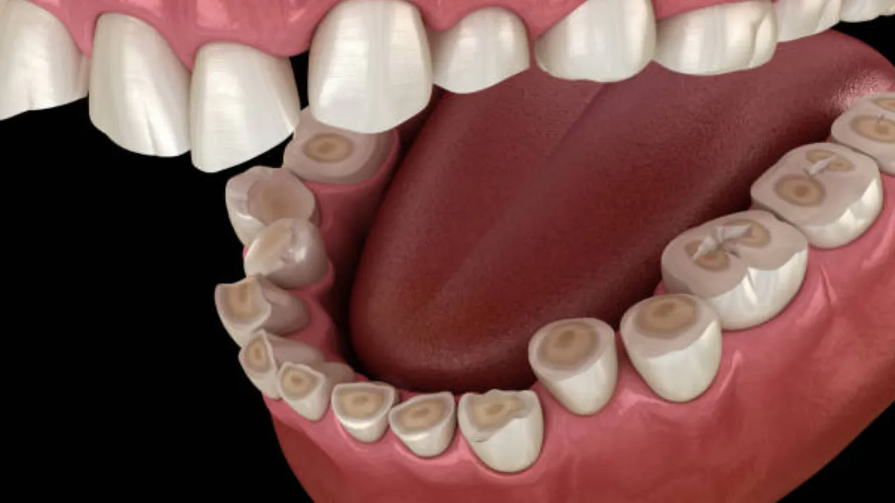 3D illustration of a lower row of teeth with worn, eroded chewing surfaces