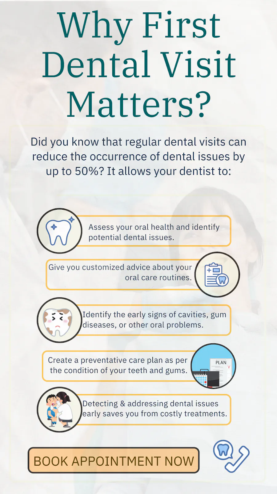 Infographic explaining why a first dental visit matters, with a 'book appointment' button
