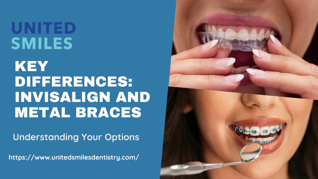 United Smiles graphic on the key differences between Invisalign and metal braces