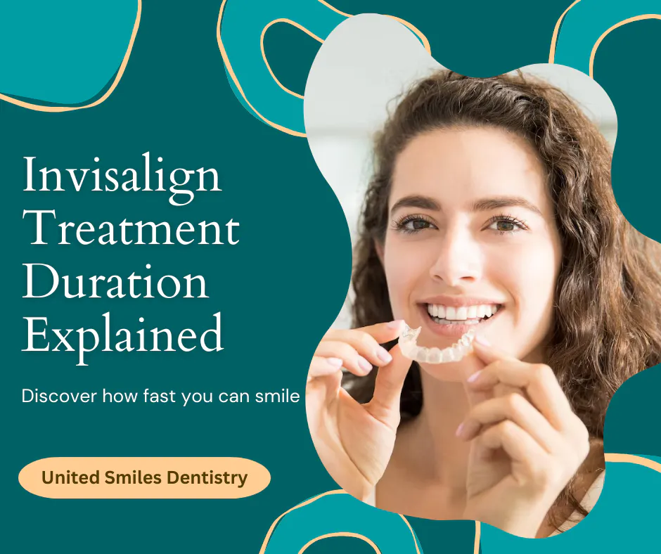 United Smiles graphic: 'Invisalign treatment duration explained', with a woman holding an aligner