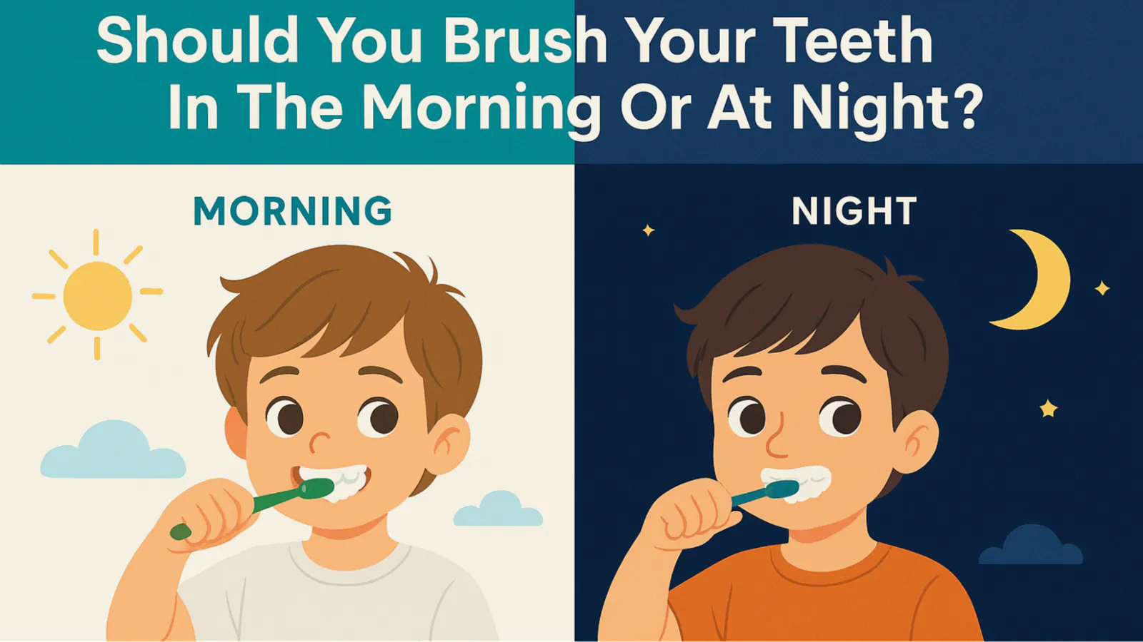 Graphic asking whether to brush teeth in the morning or at night, with cartoon children brushing