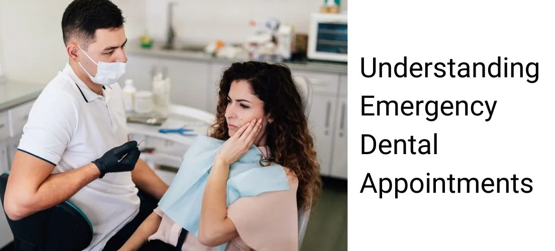 Woman with tooth pain holding her cheek at an emergency dental appointment