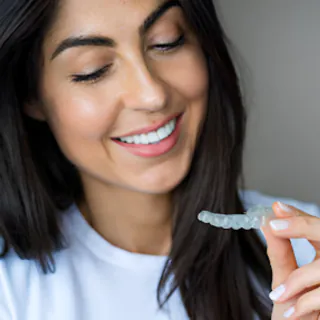 Woman smiling while holding a clear aligner
