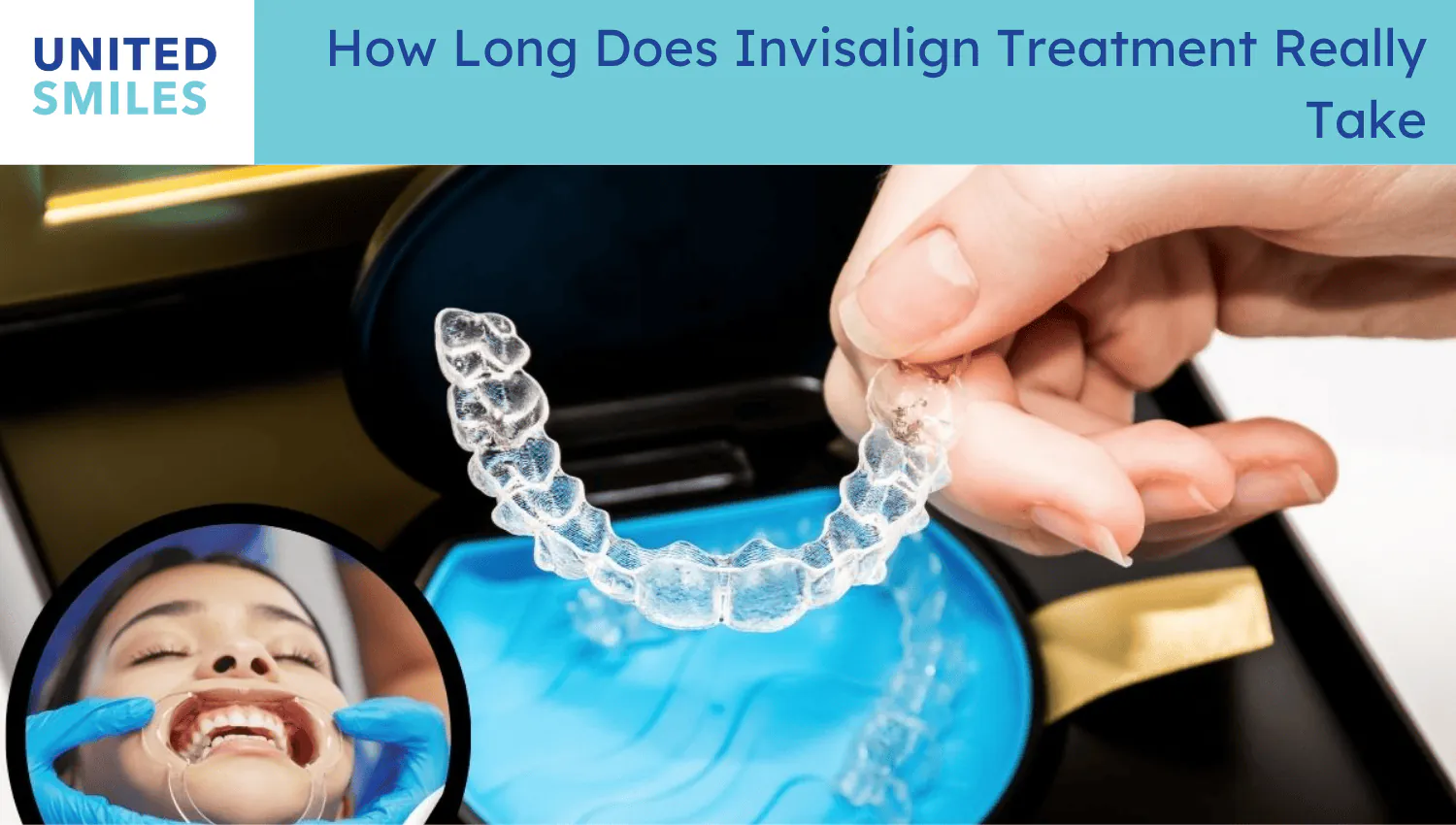 Hand holding a clear aligner with an inset of a smiling dental patient