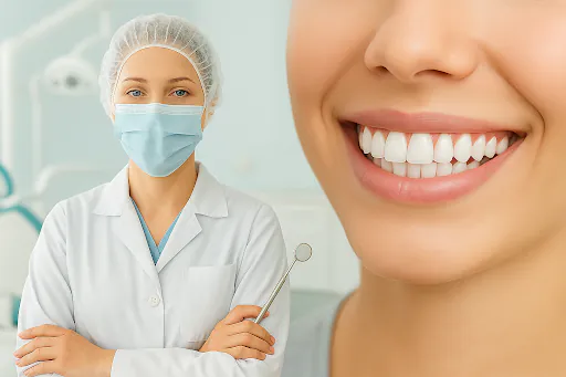 Dental hygienist beside a smiling patient after a cleaning