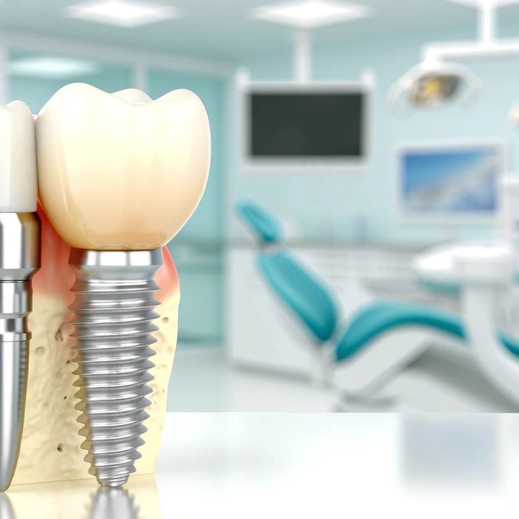 Model of a dental implant with a crown in a dental clinic