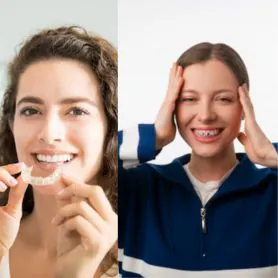 A woman with a clear aligner beside a girl with braces holding her head