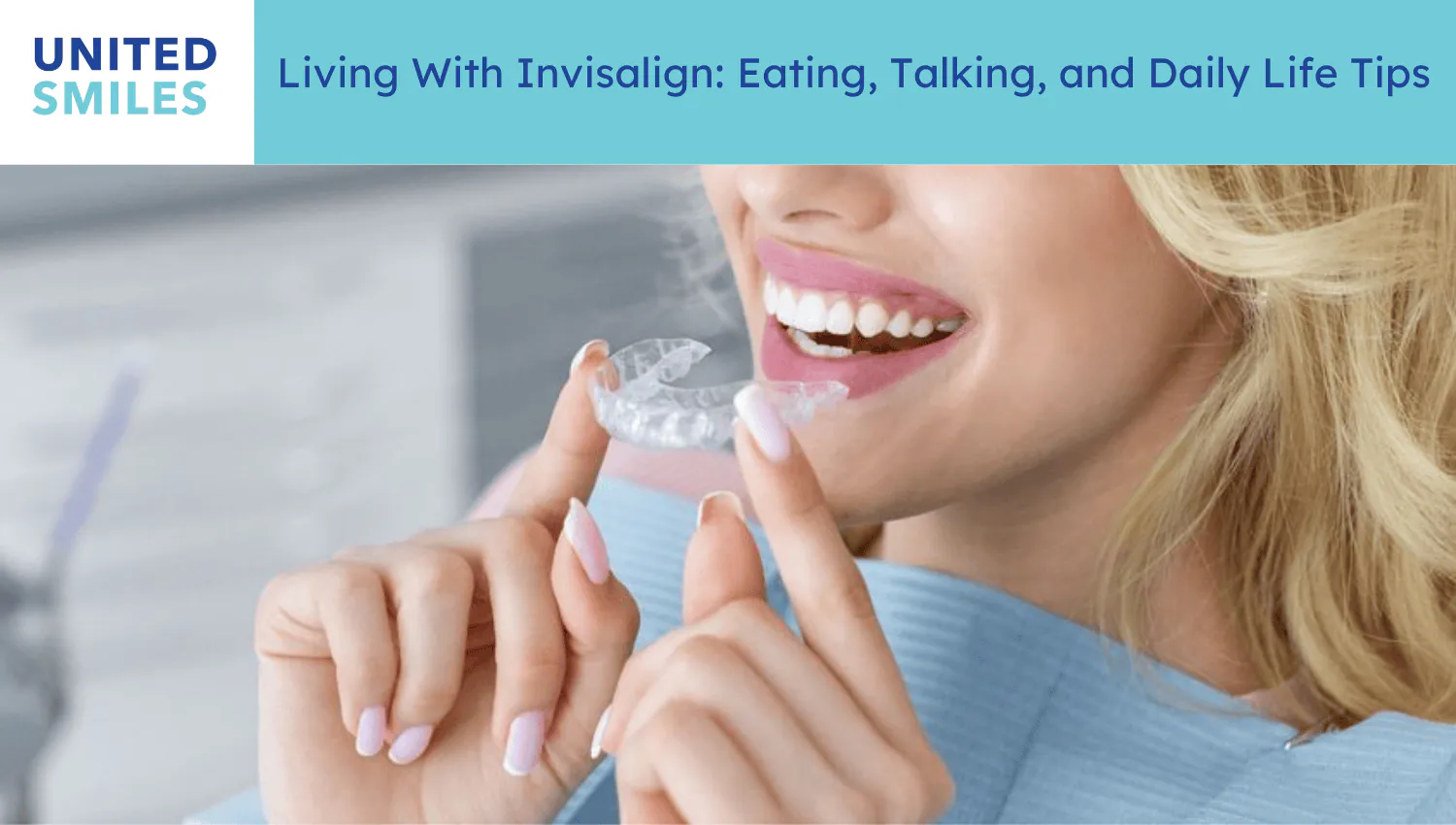 Woman holding a clear Invisalign aligner