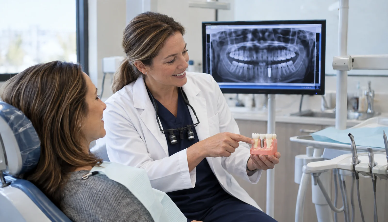 Female dentist explaining a dental implant restoration to a patient