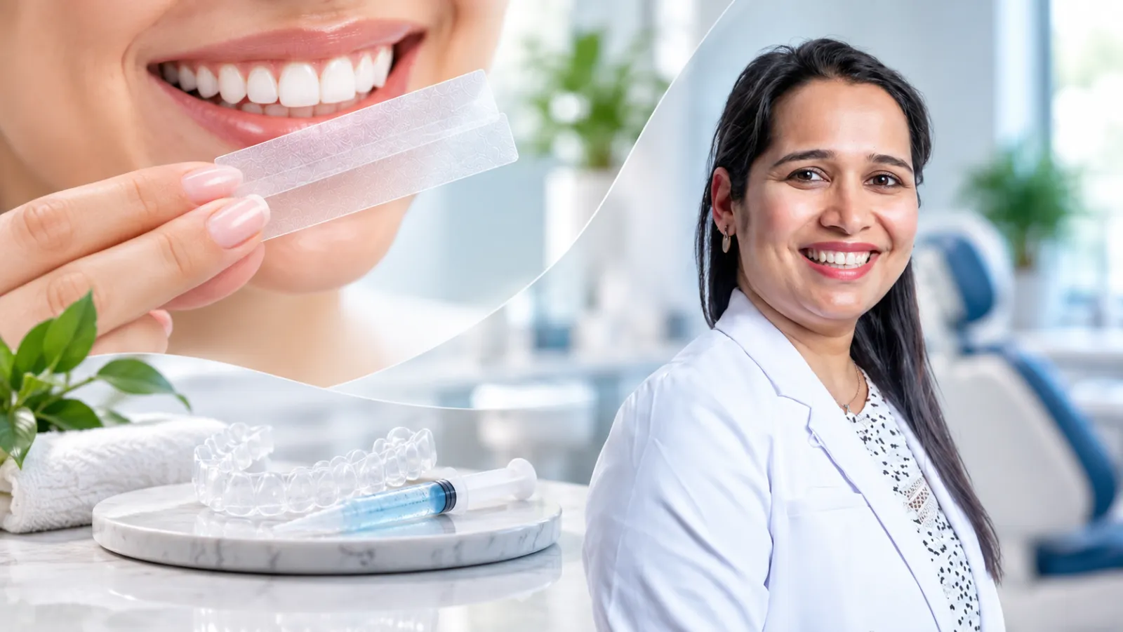 Woman holding a whitening strip next to a smile, alongside a syringe of whitening gel and a clear tray