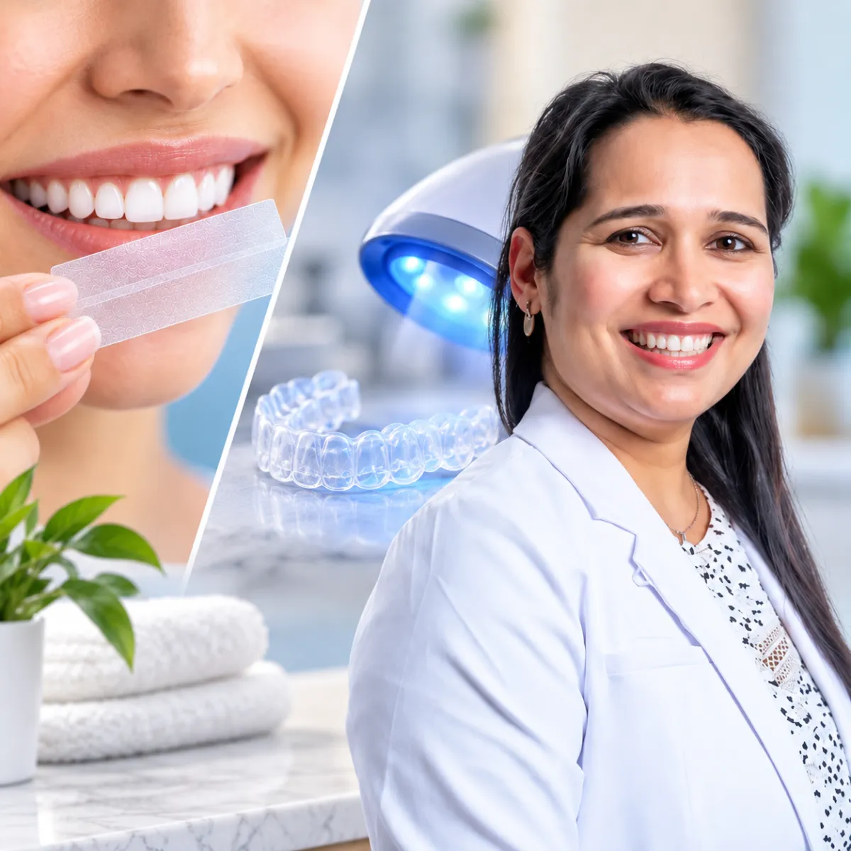Woman holding a whitening strip next to a smile, alongside a lit LED whitening tray, split-screen with Dr. Hetal Shah