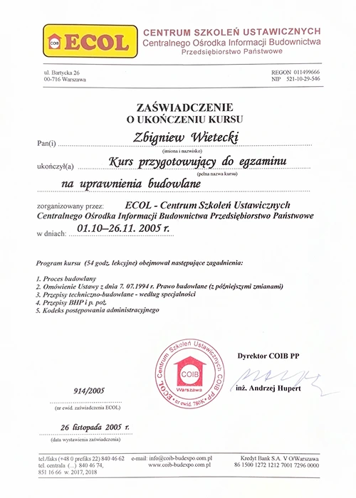 Certyfikat ukończenia kursu na uprawnienia budowlane.