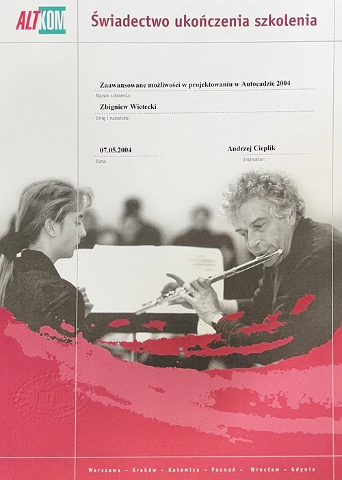 Certyfikat ukończenia szkolenia pt. "Zaawansowane możliwości projektowania w Autocadzie 2004"