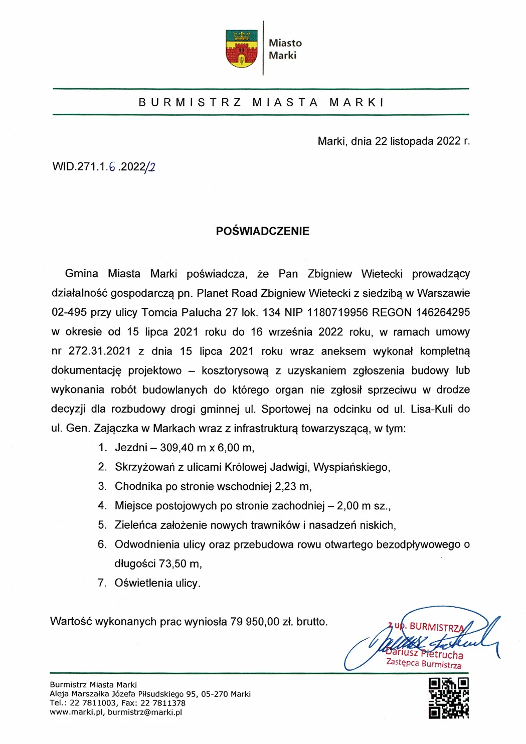 Referencja poświadczająca pomyślne wykonanie projektu ulicy Sportowej w Markach.