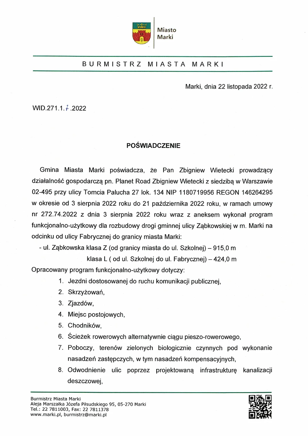 Referencja poświadczająca pomyślne wykonanie projektu ulicy Ząbkowskiej w Markach.