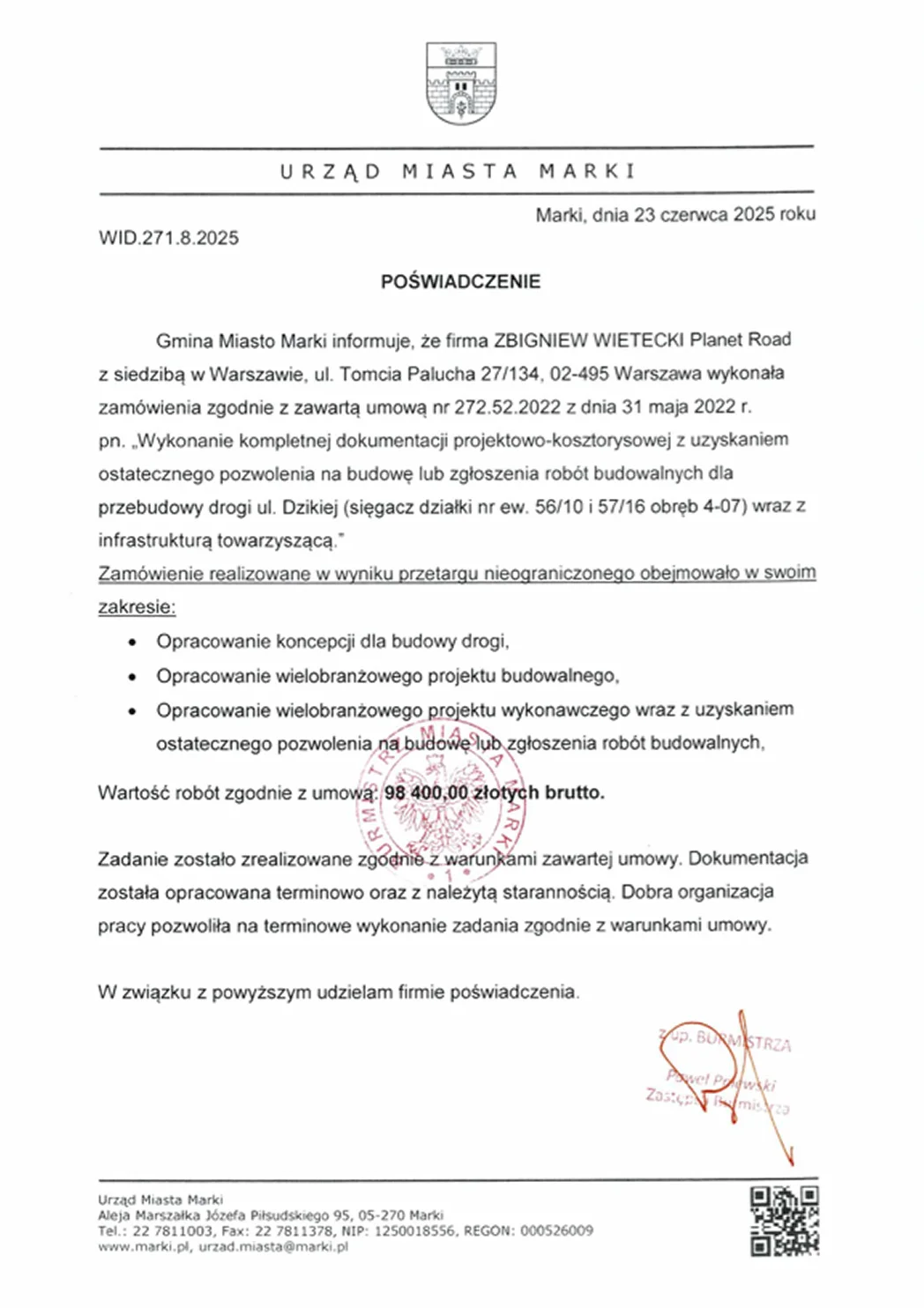 Referencja poświadczająca pomyślne wykonanie projektu ulicy Dzikiej w Markach.