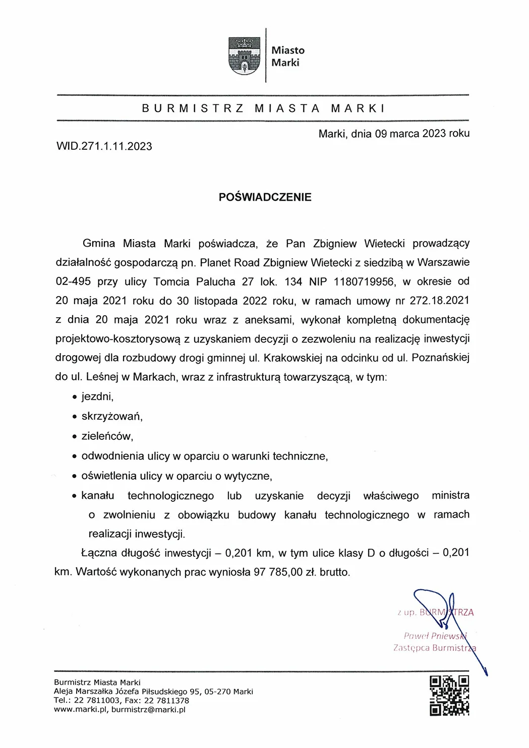 Referencja poświadczająca pomyślne wykonanie projektu ulicy Krakowskiej w Markach.