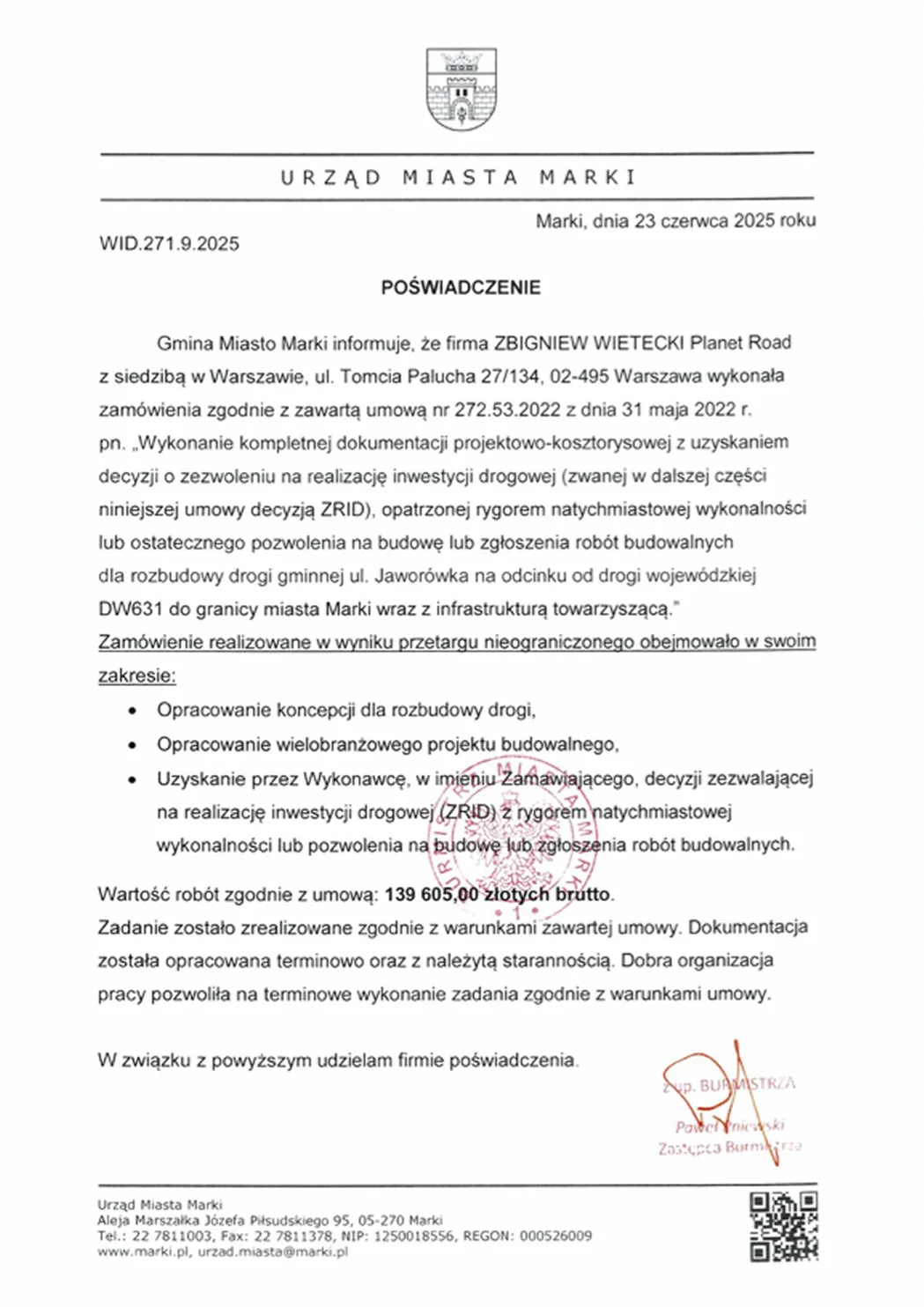 Referencja poświadczająca pomyślne wykonanie projektu ulicy Jaworówka w Markach.