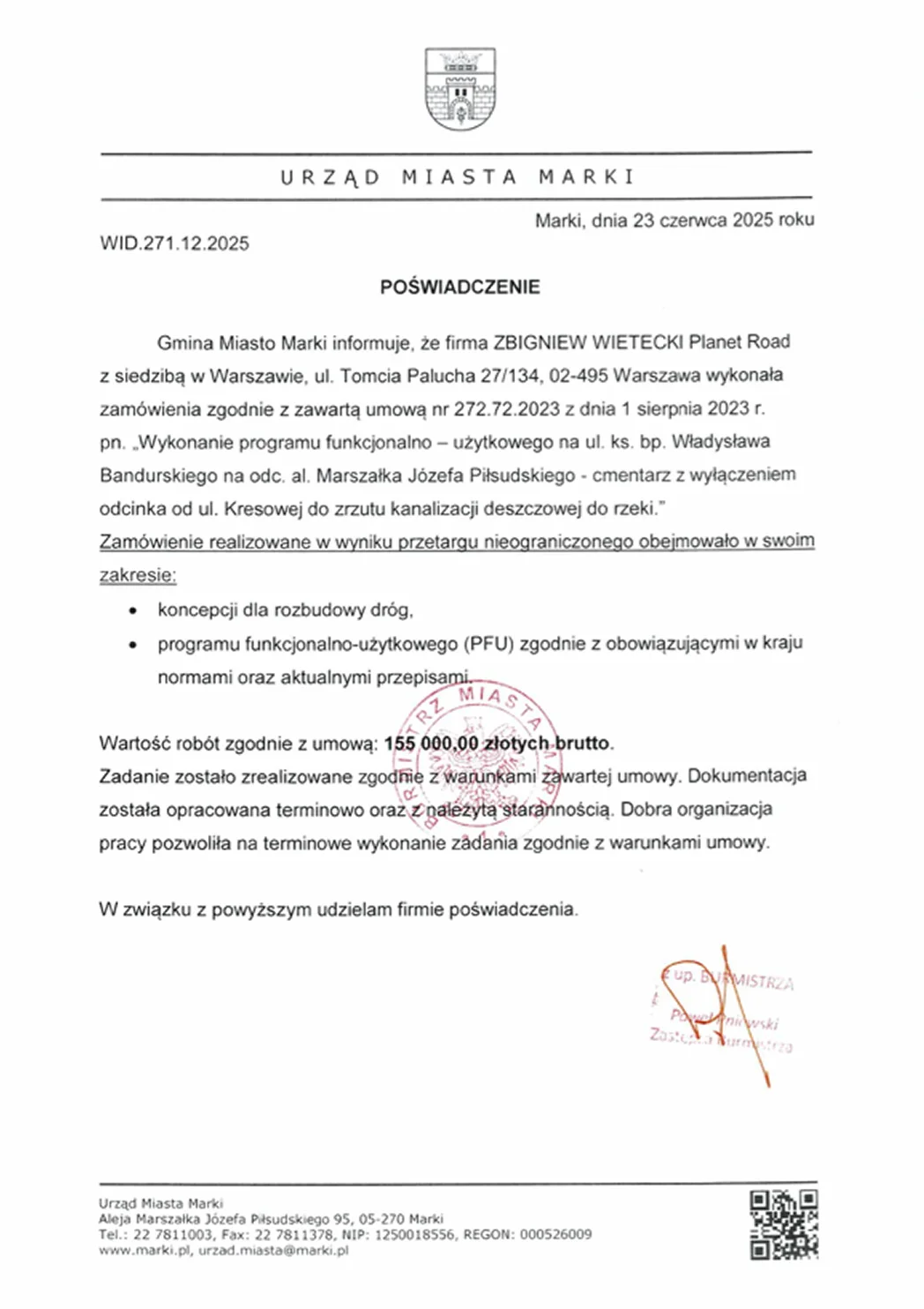 Referencja poświadczająca pomyślne wykonanie projektu ulicy Bandurskiego w Markach.