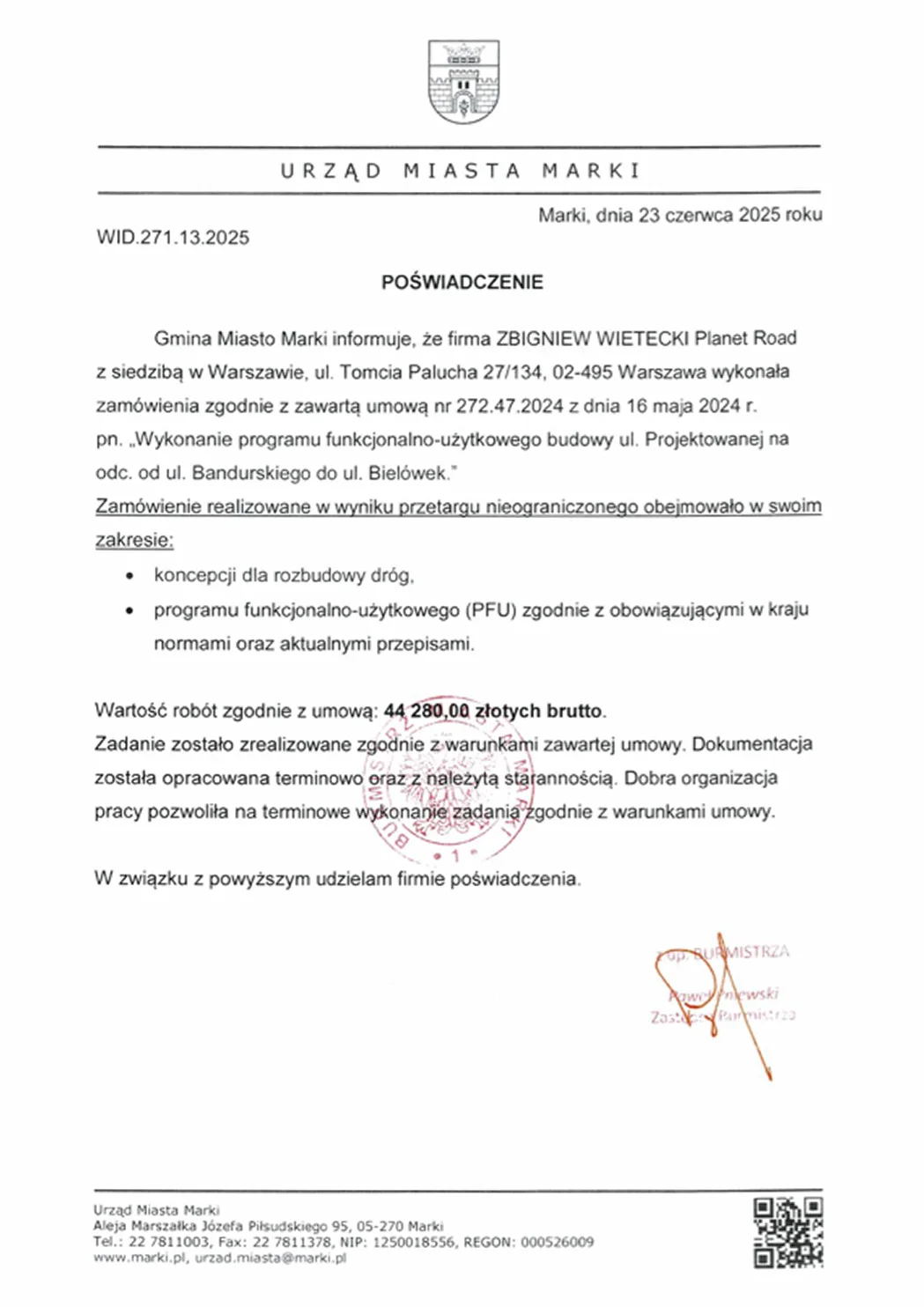 Referencja poświadczająca pomyślne wykonanie projektu ulicy Projektowanej w Markach.