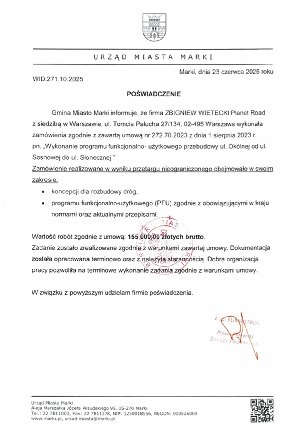 Referencja poświadczająca pomyślne wykonanie projektu ulicy Okólnej w Markach.